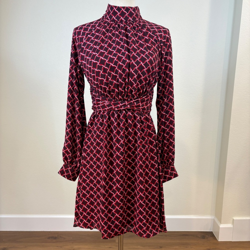 NWT Banana Republic Mini Dress XXS Burgundy Geometric Mock Neck Mod career retro
